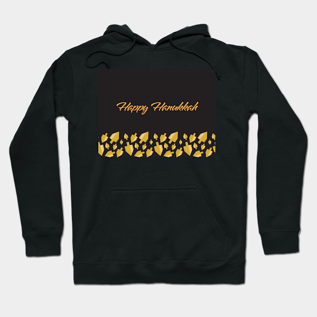 Happy Hanukkah greeting with Golden Dreidels illustration on Black background Hoodie by sigdesign